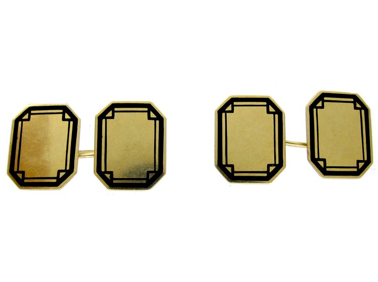 Art Deco 14ct Gold & Black Enamel Geometric Design Cufflinks