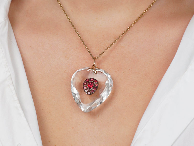 Edwardian Rock Crystal & Flat Cut Garnet Heart Pendant