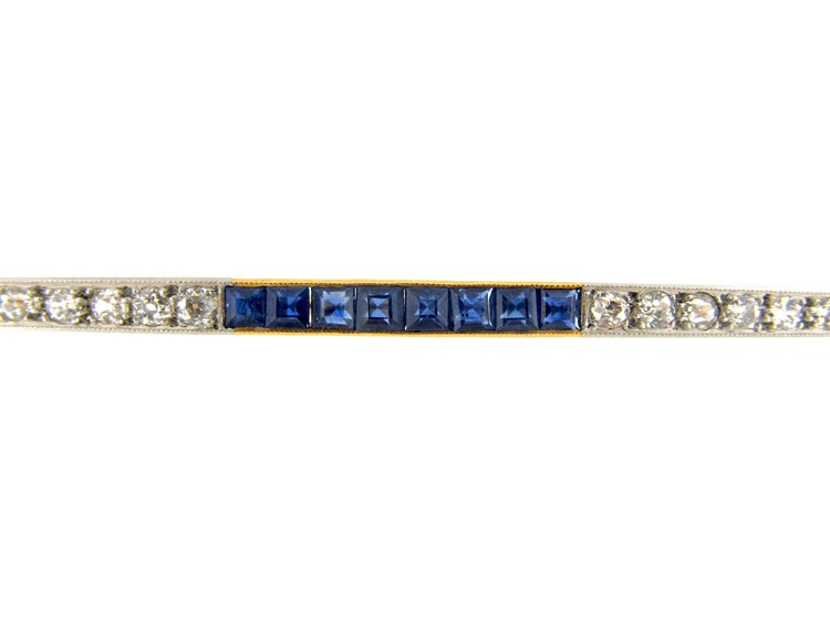 French Art Deco 18ct Gold & Platinum Long Brooch set with Sapphires & Diamonds