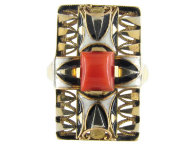 Art Deco Coral & Enamel Ring