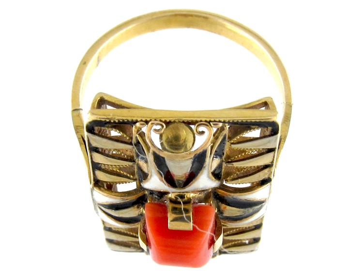 Art Deco Coral & Enamel Ring