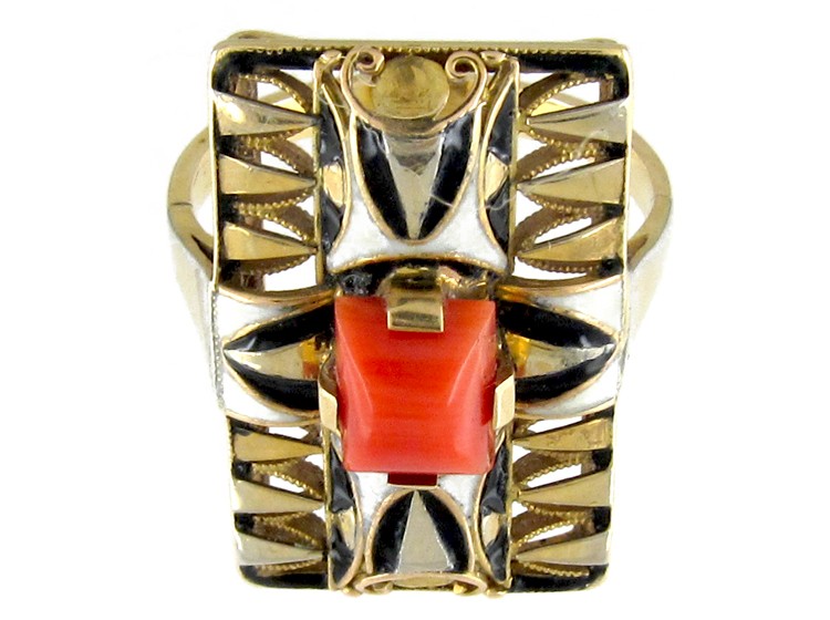 Art Deco Coral & Enamel Ring