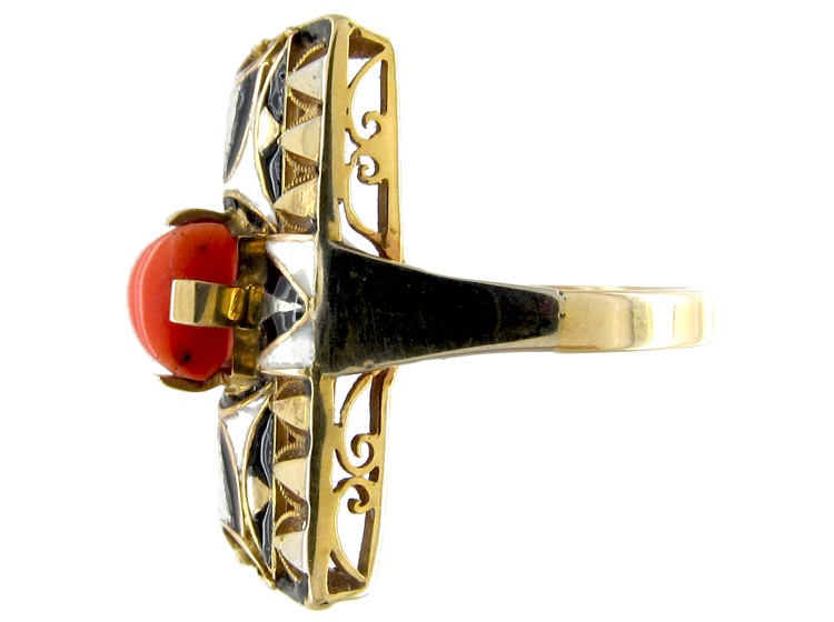 Art Deco Coral & Enamel Ring