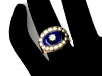 Georgian Oval Diamond, Natural Split Pearls & Royal Blue Enamel Ring