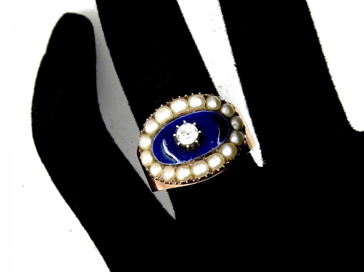 Georgian Oval Diamond, Natural Split Pearls & Royal Blue Enamel Ring