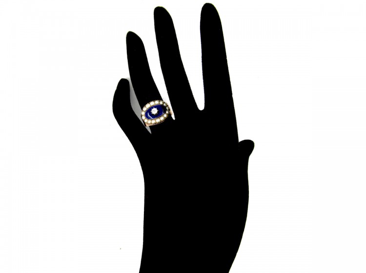 Georgian Oval Diamond, Natural Split Pearls & Royal Blue Enamel Ring