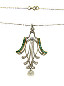Emerald & Diamond Art Deco Pendant on Chain