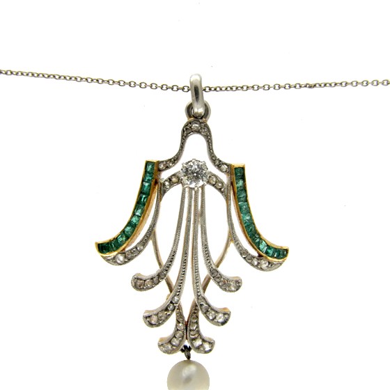 Emerald & Diamond Art Deco Pendant on Chain