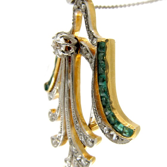 Emerald & Diamond Art Deco Pendant on Chain