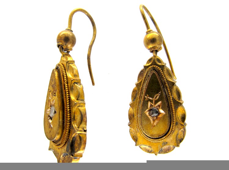 Victorian Drop 15ct Gold & Diamond Earrings