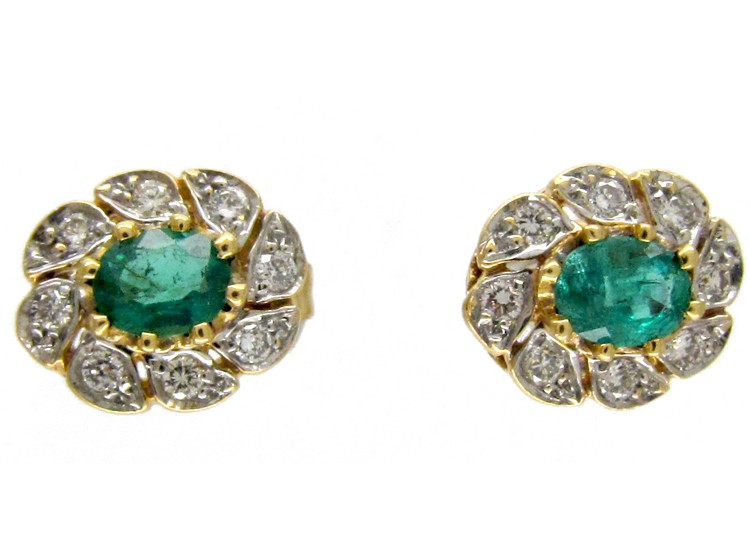 Oval Emerald & Diamond Cluster Earrings