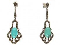 Art Deco Marcasite, Turquoise & Silver Drop Earrings