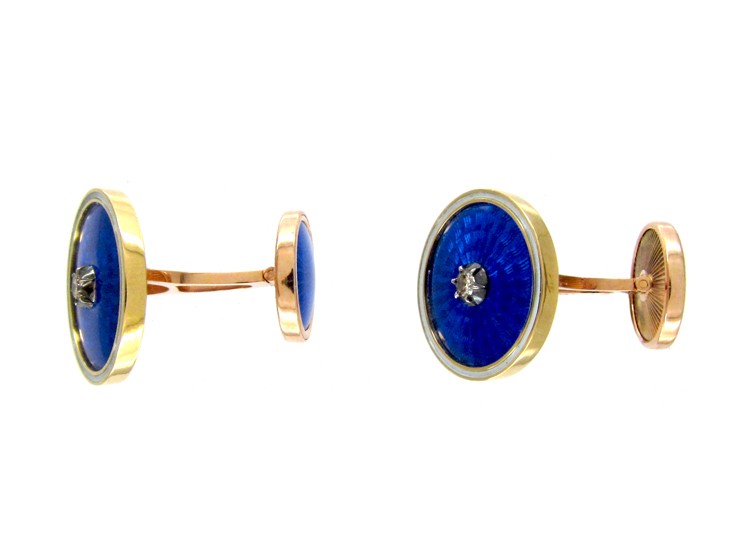 Diamond & Blue Enamel Gold Cufflinks