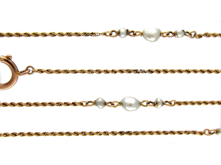 9ct Long Guard Chain Interspersed with Natural Pearls