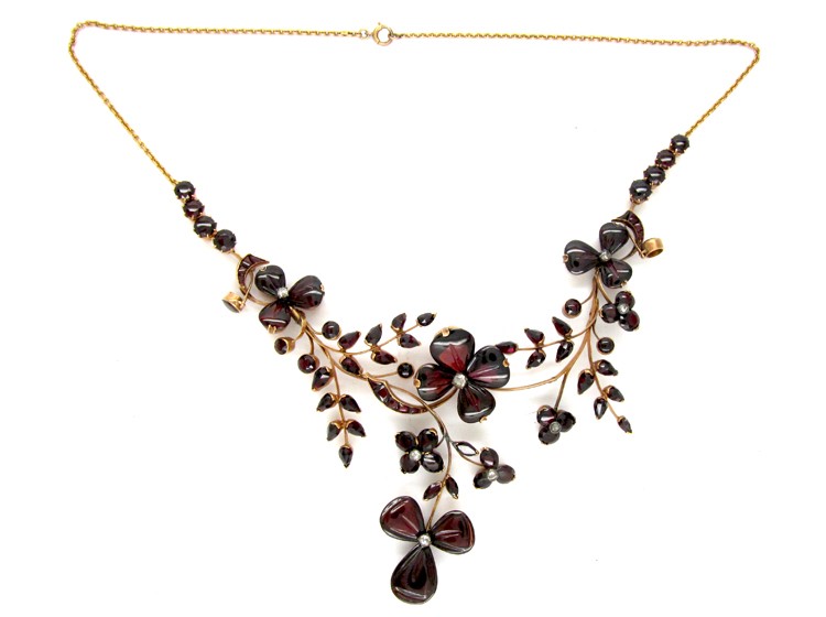Carved Garnet & Diamond Art Nouveau Necklace