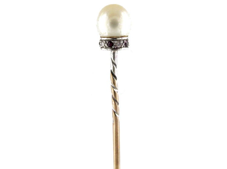 Natural Pearl Diamond & Ruby Tie Pin in Original Case