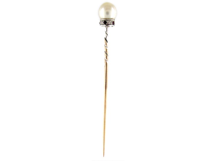 Natural Pearl Diamond & Ruby Tie Pin in Original Case