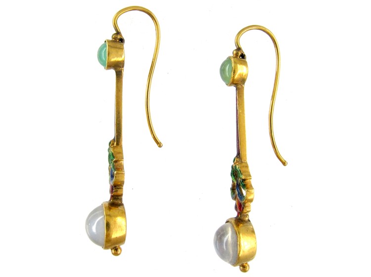 Gold Jubilee Enamel Moonstone & Chrysoprase Drop Earrings