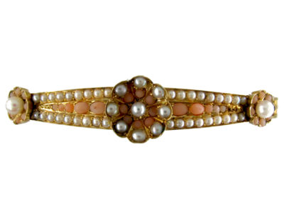 Coral & Natural Pearl Victorian 15ct Gold Bangle