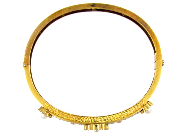 Coral & Natural Pearl Victorian 15ct Gold Bangle