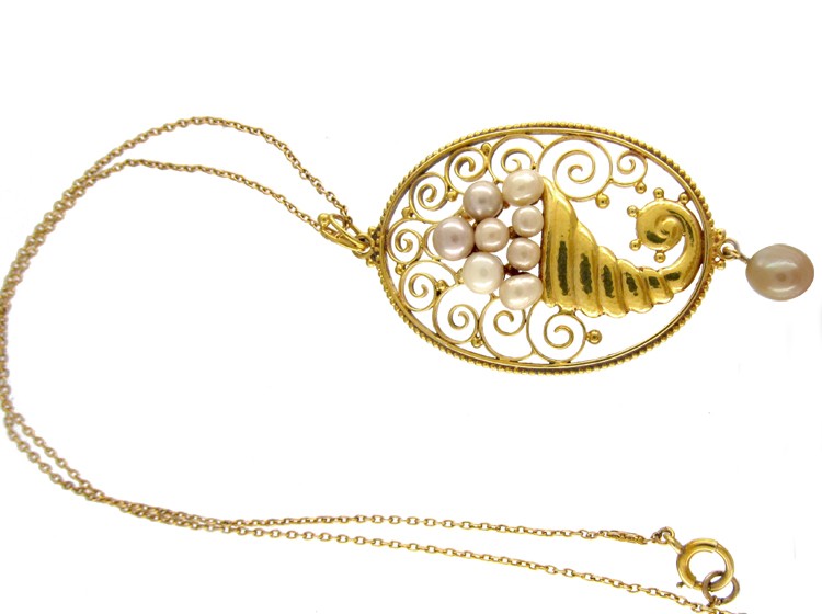 Gold Art Nouveau Cornucopia Pendant on Chain