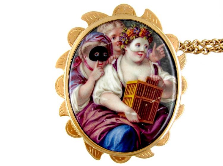 Pair of Enamel & Gold Masked Miniature Brooches