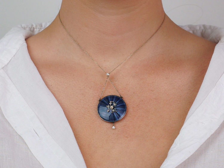 Edwardian 15ct Gold Enamel, Rose Diamond & Natural Pearl Round Pendant on 15ct Gold Chain