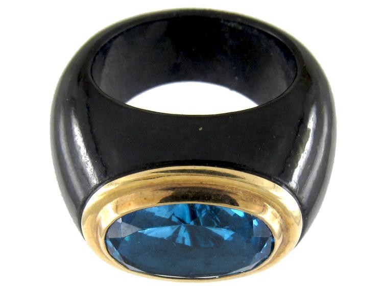Blue Topaz & Onyx Gold Ring