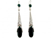 Art Deco Silver & Chalcedony Long Drop Earrings