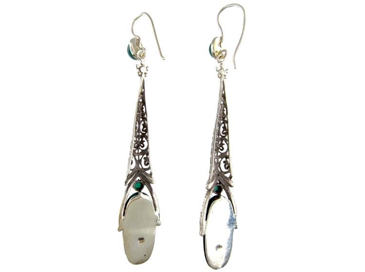 Art Deco Silver & Chalcedony Long Drop Earrings