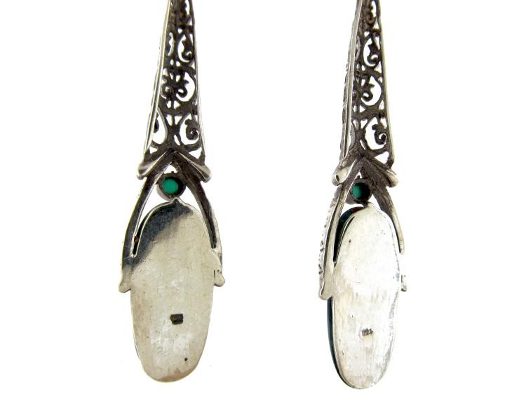 Art Deco Silver & Chalcedony Long Drop Earrings