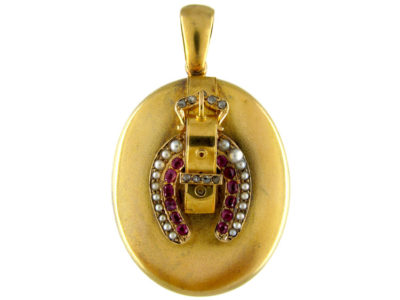 Gold Horseshoe & Buckle Ruby, Diamond & Pearl Victorian Locket