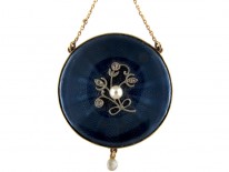 Edwardian 15ct Gold Enamel, Rose Diamond & Natural Pearl Round Pendant on 15ct Gold Chain