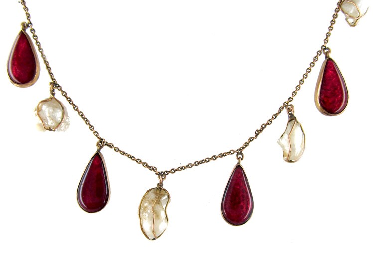Art Nouveau Red Enamel ​& Baroque Pearl Gold Necklace