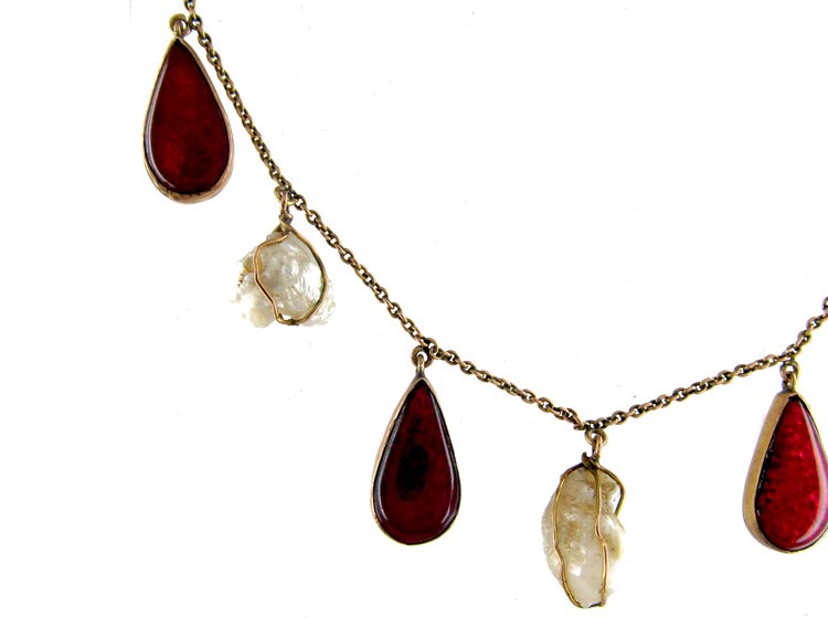 Art Nouveau Red Enamel ​& Baroque Pearl Gold Necklace