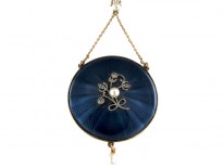Edwardian 15ct Gold Enamel, Rose Diamond & Natural Pearl Round Pendant on 15ct Gold Chain