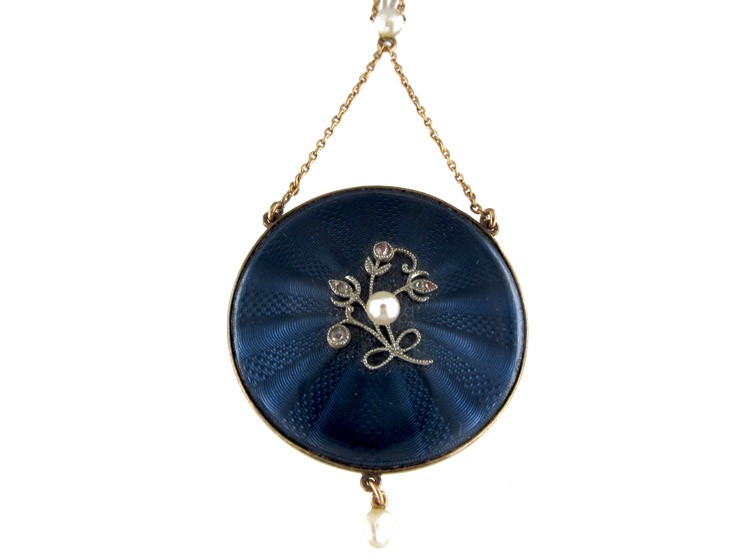 Edwardian 15ct Gold Enamel, Rose Diamond & Natural Pearl Round Pendant on 15ct Gold Chain