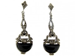 Art Deco Silver Onyx & Marcasite Drop Earrings