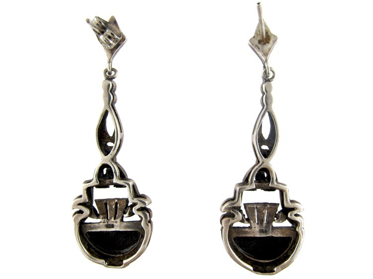 Art Deco Silver Onyx & Marcasite Drop Earrings