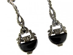 Art Deco Silver Onyx & Marcasite Drop Earrings