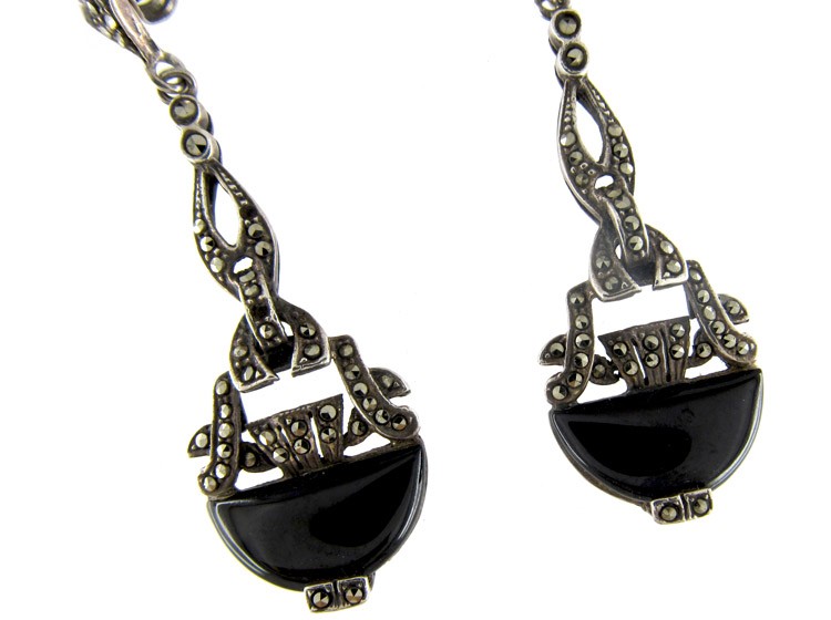 Art Deco Silver Onyx & Marcasite Drop Earrings