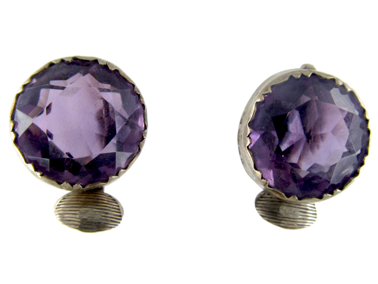 Amethyst & Silver Round Clip-On Earrings
