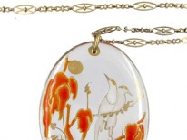 Marcel Goupy Painted Glass Pendant on Original Chain
