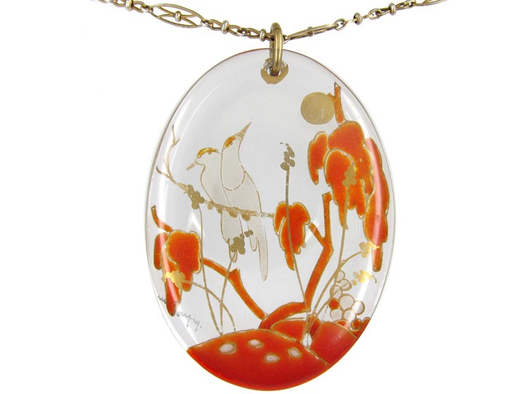 Marcel Goupy Painted Glass Pendant on Original Chain