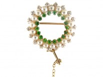 Green Garnet, Diamond & Natural Pearl Brooch