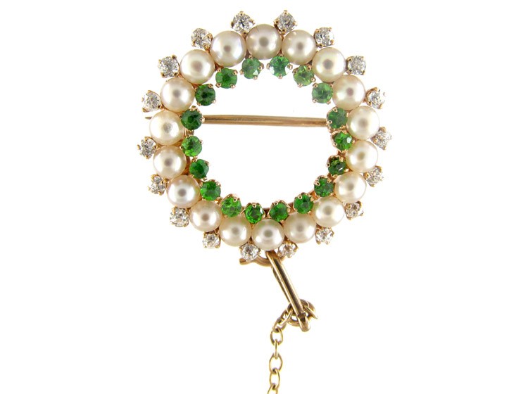 Green Garnet, Diamond & Natural Pearl Brooch