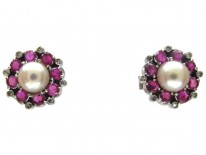 Ruby Pearl & Diamond Cluster Earrings
