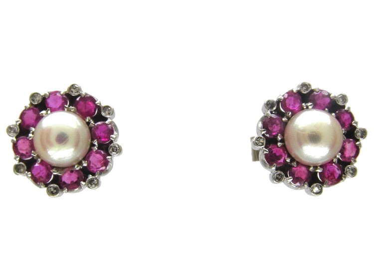 Ruby Pearl & Diamond Cluster Earrings