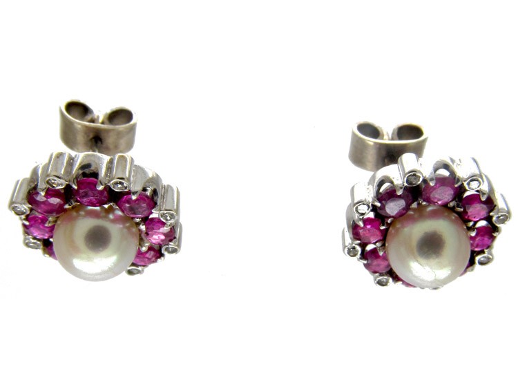 Ruby Pearl & Diamond Cluster Earrings
