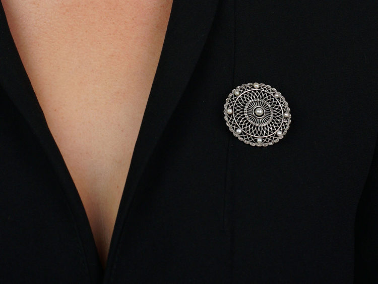Edwardian Platinum Diamond & Natural Pearl Round Brooch